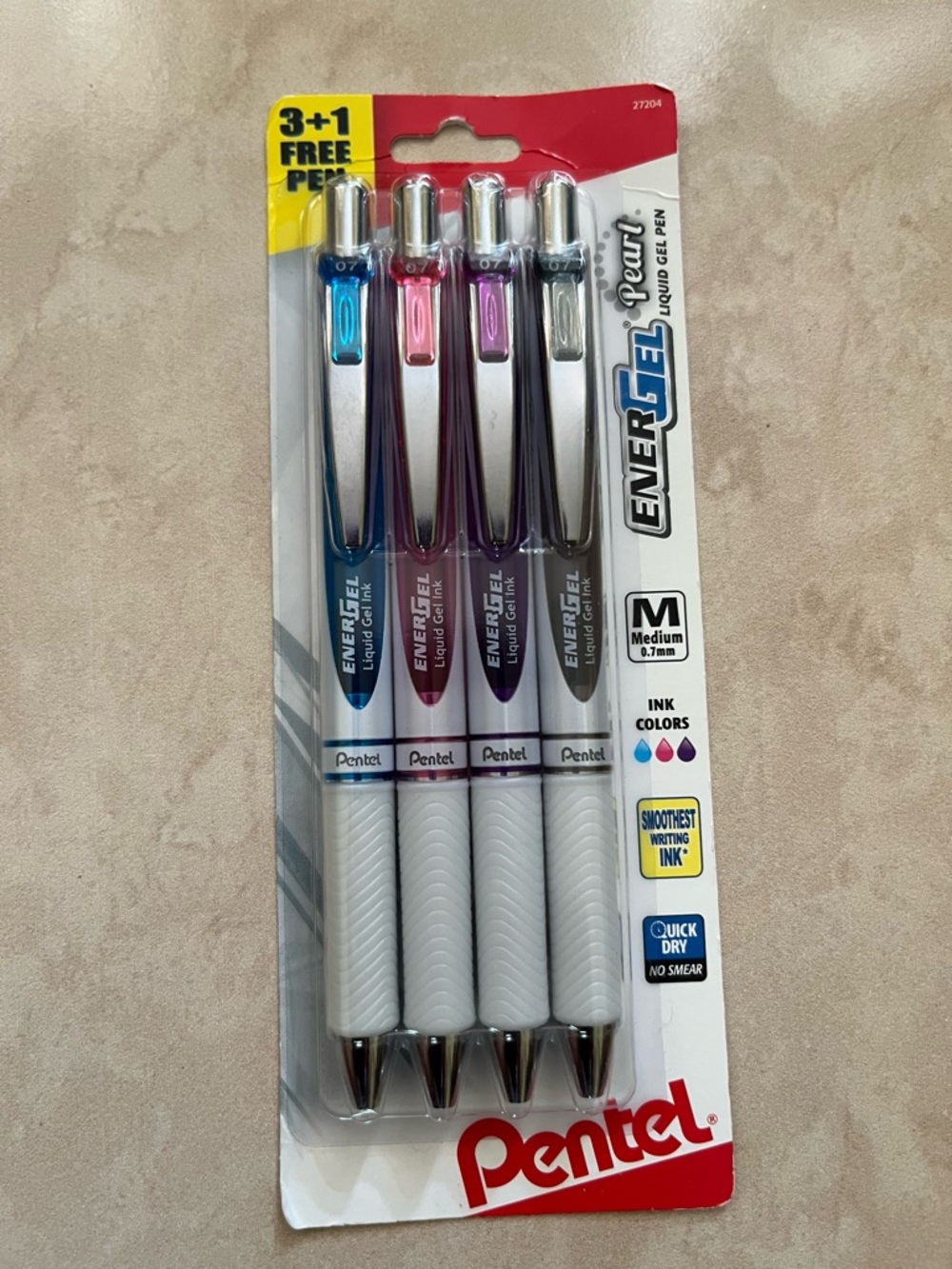 EnerGel Pearl Medium 0.7mm Gel Pens - Blue, Pink, Purple, Black (4-Pack)